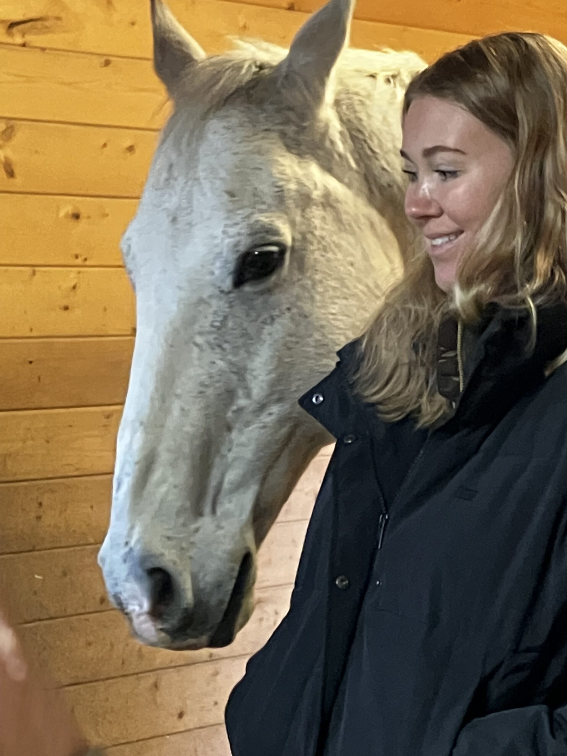 Tia Anderson standing quietly with a grey horse in a barn