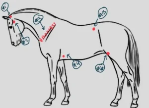 Anatomical drawing of a horse with acupressure points.